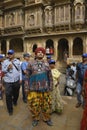 JAISALMER, RAJASTHAN, INDIA, November 2018, Tourist in traditional Rajasthani turban and costume near Kothari`s Patwon ki Haveli