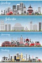 Jakarta, Bandung, Surabaya and Semarang Indonesia City Skylines with Color Buildings and Blue Sky