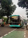 Jakarta city buses that use electric fuel with attractive colors in the morning, Jakarta Indonesia, 2 May 2023.