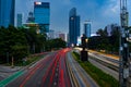 Jakarta, Indonesia. April 23, 2023. The city light trails against the buildings. On Jalan Jenderal Sudirman. Jakarta.