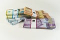 Jakarta, Indonesia, April 15, 2023, various bundles of Indonesian rupiah banknotes in the IDR currency thousands copy space thr