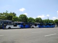 Jakarta, Indonesia 9 April 2021: the view of transportations in Jakarta city with blue sky, Jakarta.