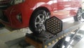 Jakarta,Indonesia - Desember 9, 2020: Wheel alignment equipment on a car wheel or spooring and balancing your car tires