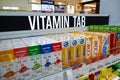 Jakarta, Indonesia, february 16, 2022: Various types of vitamins and supplements on the pharmacy shelf. Drugstore and health care