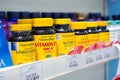 Jakarta, Indonesia, february 16, 2022: Various types of vitamins and supplements, propolis on the pharmacy shelf. Drugstore and