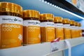 Jakarta, Indonesia, february 16, 2022: Various types of vitamins and supplements, propolis on the pharmacy shelf. Drugstore and