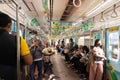 View inside the KRL commuter line train carriage. Crowded commuter line train in rush hour