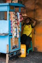 Jakarta, Indonesia - July 23, 2020: Portrait of seller is sleeping.