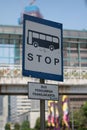 Jakarta, Indonesia - July 06, 2020: The stop sign of TransJakarta buses.