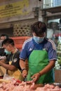 Jakarta, Indonesia - June 20, 2020: An enthusiastic chicken seller