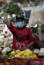 Jakarta, Indonesia - June 20, 2020: A man selling the tempeh and tofu