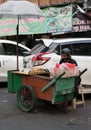Jakarta, Indonesia - June 27, 2020; Selling the ``Buah Lontar`` or ``Palm Fruit`` as a traditional snack
