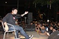 JAKARTA, INDONESIA ;  The lead singer of the band Pee Wee Gaskin indonesiawas singing in front of the audience. Royalty Free Stock Photo