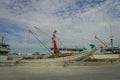 JAKARTA, INDONESIA - 5 MARCH, 2017: Daily activities inside famous old port area of Jakarta, fishing boat parked by pier