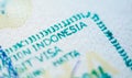 Jakarta, Indonesia - November 2019: close up of Indonesian country entrance stamp in passport