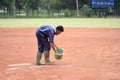 JAKARTA, INDONESIA-NOVEMBER 2, 2018: Worker drawing a line for a Royalty Free Stock Photo