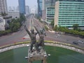 Jakarta, Indonesia - Oct 30, 2019: The Welcome Monument Patung Selamat Datang at Bundaran HI Hotel Indonesia Roundabout on J