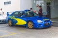 Blue Subaru Impreza WRX STI Blobeye in gas station Royalty Free Stock Photo