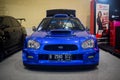 Blue Subaru Impreza WRX STI Blobeye with wrc inspired bodykit in Indonesia Modification Expo 2023 Royalty Free Stock Photo