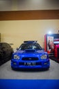 Blue Subaru Impreza WRX STI Blobeye with wrc inspired bodykit in Indonesia Modification Expo 2023 Royalty Free Stock Photo