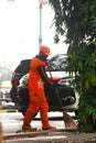 Jakarta, indonesia street broom workers as team orange