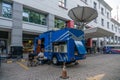 Jakarta, Java / Indonesia - Feb 23 2020: Satellite Uplink van outside a shopping mall in Jakarta