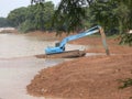 Jakarta November 9, 2020 - Excavator expanding the lake project to avoid flood due to upcoming rainy season