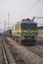 Jalandhar, Punjab, India -January 5, 2023 at Jalandhar city railway station, Indian railways train engine front, green engine