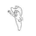 Jalapeno Chili Pepper Wearing a Cowboy Hat and Waving Hello Vintage Tattoo Black and White Drawing