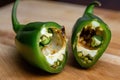 jalapeno half cut in half, with all of its spicy insides revealed