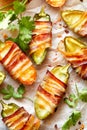 Jalapeno poppers wrapped in bacon stuffed with cheese seasoned with herbs and spices, delicious starter