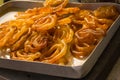 jalebi or jilipi kept on a tray. traditional indian dessert prepared during ratha yatra