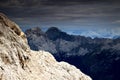 Jalovec and Mangart peaks from slopes of Kanjavec, Julian Alps