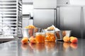 Jam from apricots in a glass jar on a polished stainless steel s