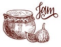 Jam in a clay pot. Fig jam hand drawn drawing. Fruit Jelly and marmalade Royalty Free Stock Photo