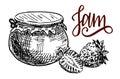 Jam in a clay pot. Strawberries jam hand drawn drawing Royalty Free Stock Photo