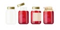 Jam or compote banks. Canned fruit or berries. Preserved fruit in glass jars set vector illustration. For Farmer Market