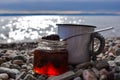 Jam from fir cones in a jar on the background of the lake.  Home-made jam from pine cones. Selective focus. Royalty Free Stock Photo