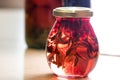 Jam of fir twigs and cones and mountain cranberries in small jars