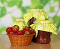 Jam and fresh strawberry in basket Royalty Free Stock Photo