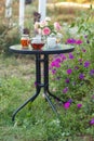 Jam in glass jar. Romantic dinner in the garden under a rose bush. Royalty Free Stock Photo