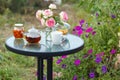 Jam in glass jar. Romantic dinner in the garden under a rose bush. Royalty Free Stock Photo