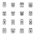 Jam, honey jar bottle icons. Thin line style stock.