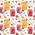 Jam jars with fruits and berries - strawberry, raspberry, blueberry. Seamless food pattern. Watercolor