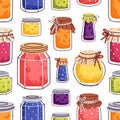 Jam in jars, seamless pattern design. Homemade fruit jelly, berry confiture, sweet marmalade, repeating print. Endless