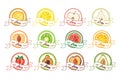 Jam label circle vintage emblem with ribbon delicious vegan fruits dessert set vector illustration