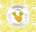 Jam label design template. for pineapple dessert product with hand drawn sketched fruit and background. Doodle vector pineapple il Royalty Free Stock Photo