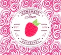 Jam label design template. for raspberry dessert product with hand drawn sketched fruit and background. Doodle vector raspberry il Royalty Free Stock Photo