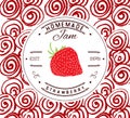Jam label design template. for strawberry dessert product with hand drawn sketched fruit and background. Doodle vector strawberry Royalty Free Stock Photo