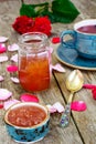 Jam Made of Rose Petals on the Old Wooden Boatds Royalty Free Stock Photo